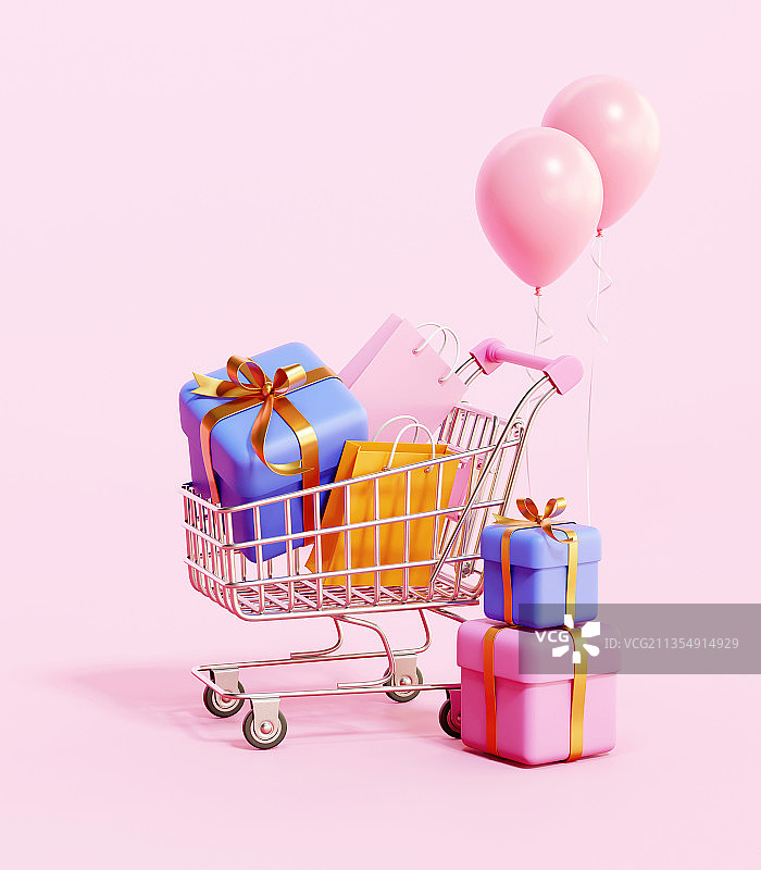三维金属购物车装满彩色礼物图片素材