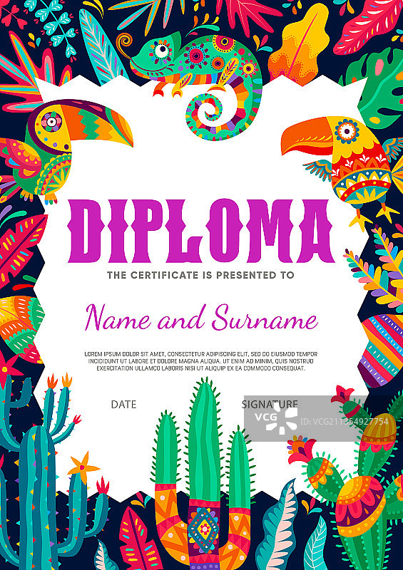 儿童卡通文凭与墨西哥巨嘴鸟和变色龙图片素材