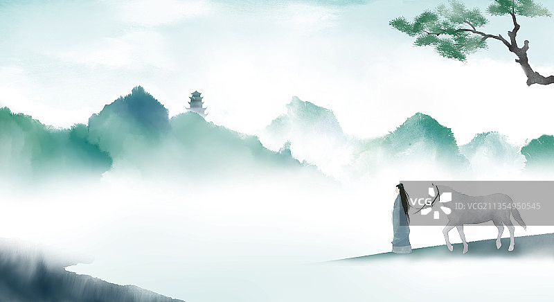 古人牵马山水中国风插画图片素材