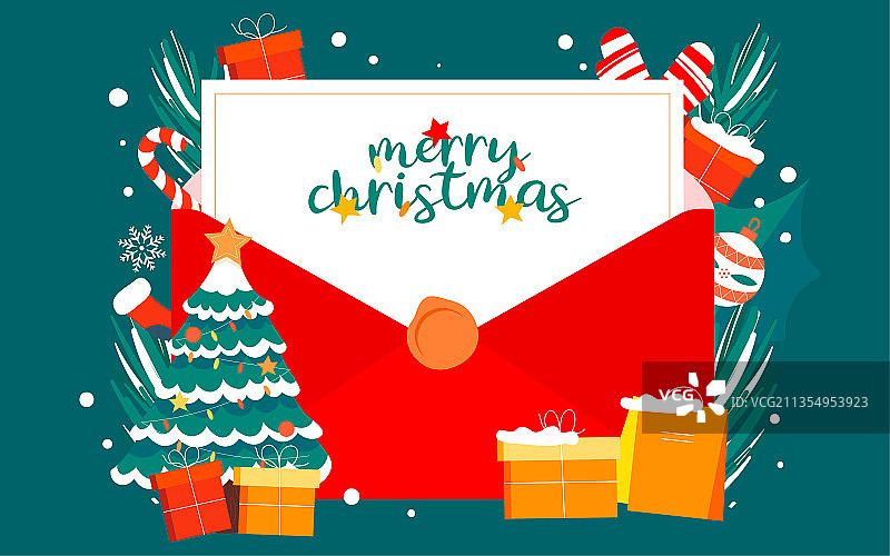 圣诞节信封礼物节日插画冬天圣诞树背景图片素材