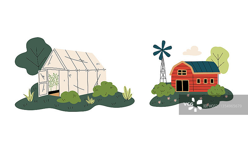 绿色房子和红色木谷仓图片素材