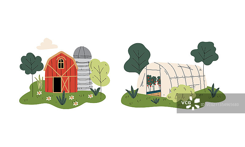 绿色房子和红色木谷仓图片素材