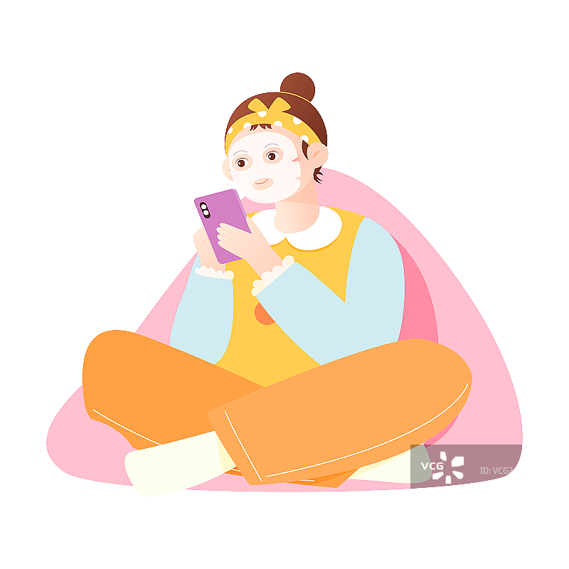 女孩敷着面膜坐在沙发上看手机矢量插画元素图片素材