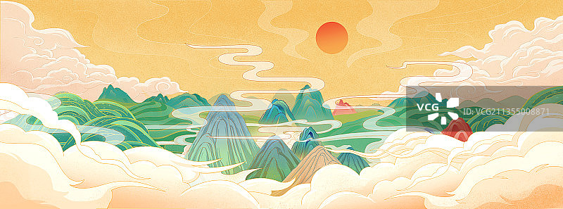 青山白云春天国潮风背景插画图片素材