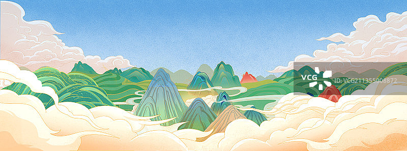 青山白云春天国潮风背景插画图片素材