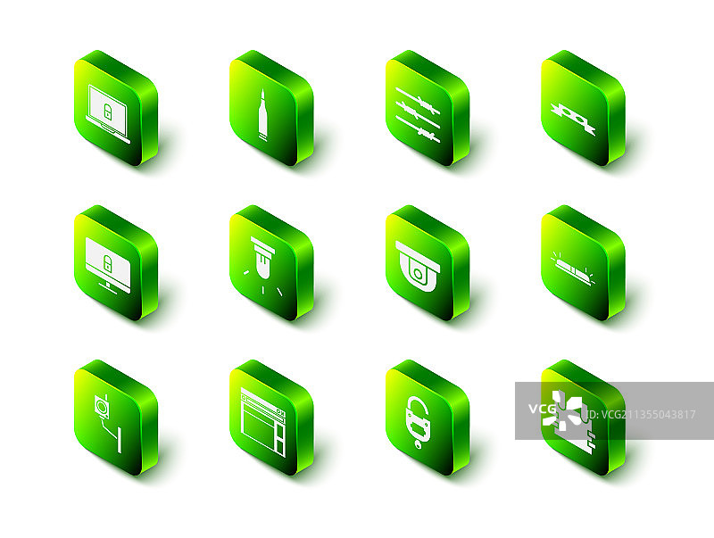 子弹、带刺铁丝网、小偷眼罩和闪光器套装图片素材