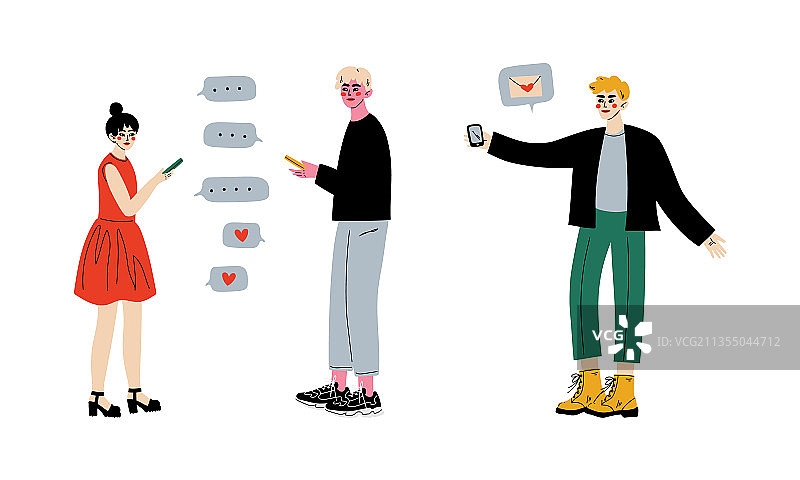 年轻男女在网上约会App上发消息图片素材