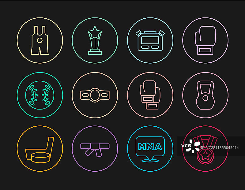 线条勋章、壶铃、秒表和拳击腰带图片素材