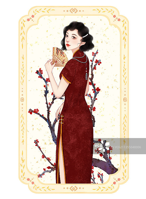 民国风红色旗袍梅花少女图片素材