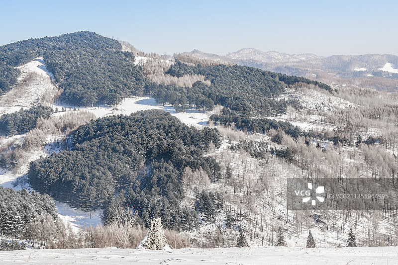 中国吉林延边大兴安岭的雪地树林和村庄图片素材