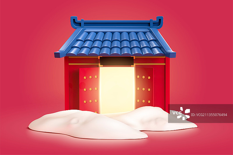 敞开的传统中式大门搭配冬天积雪场景图片素材
