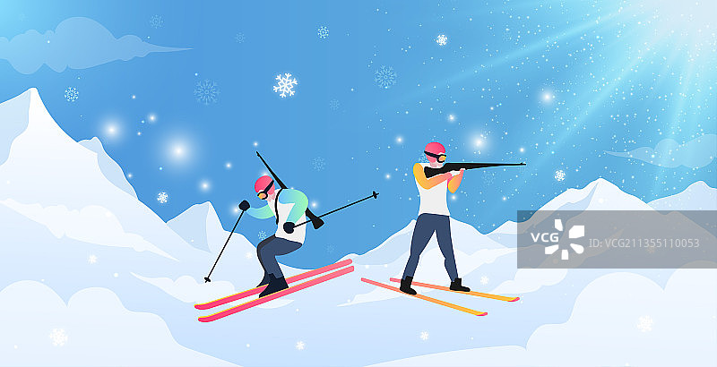 冬季两项越野滑雪步枪射击运动竞技项目冬矢量插画图片素材