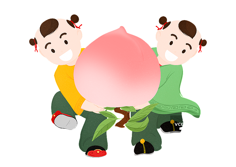春节虎年年画可爱的小男孩和女孩拿着桃子图片素材