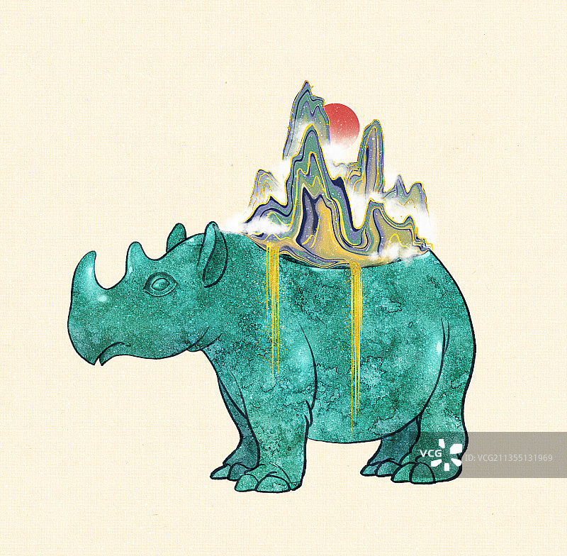 新中式微景观山水画青铜器盆景插画图片素材