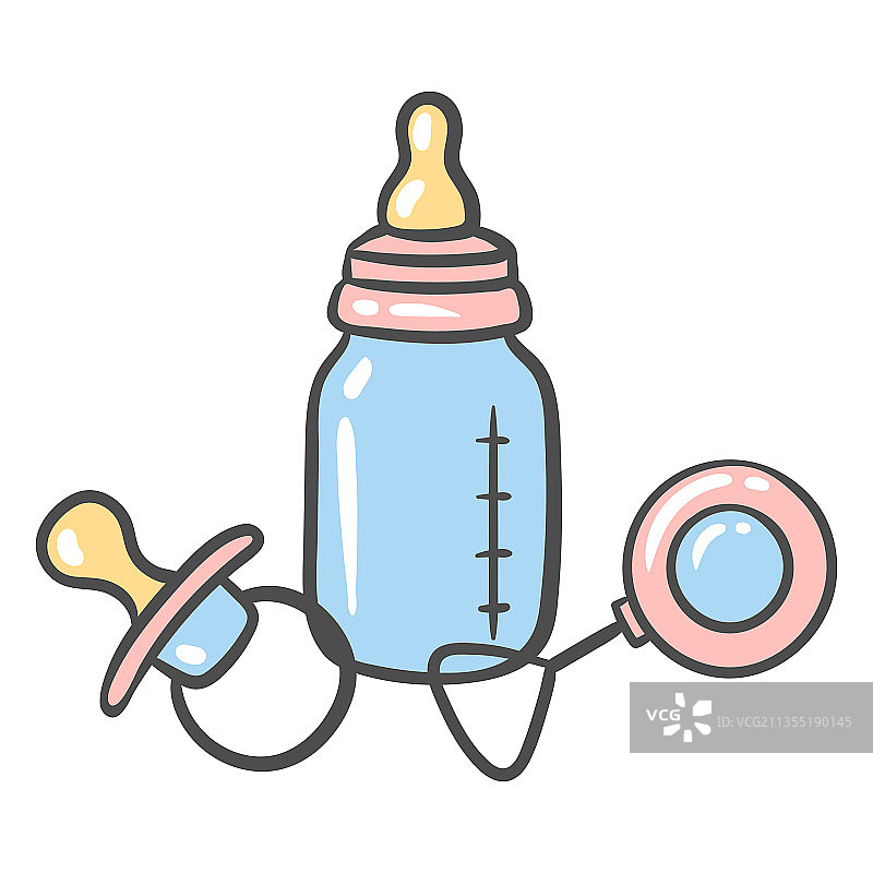 奶瓶、奶嘴和拨浪鼓图片素材