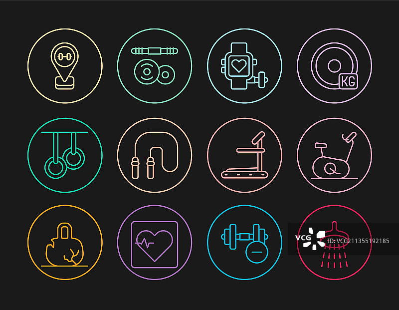 淋浴、动感单车和智能手表线条图标组合图片素材