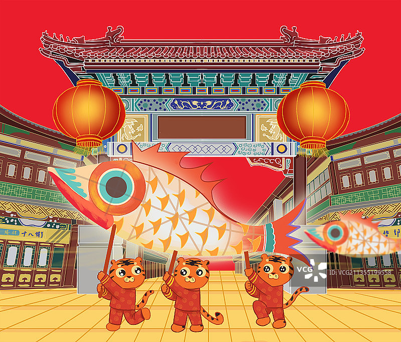 中国风新中式2022年虎年可爱老虎大年除夕夜晚鱼灯庆祝插画图片素材