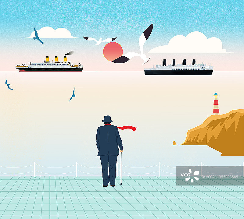 扁平风海边散步孤独老年人晚年生活方式大海客轮风景插画图片素材