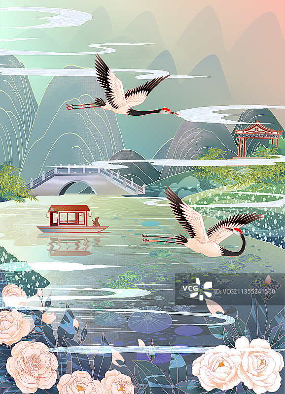 中国国潮新现代复古风山水美景1 月山茶花竖版图片素材