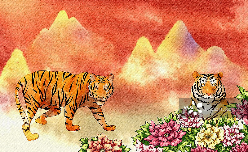 虎年山水插画图片素材