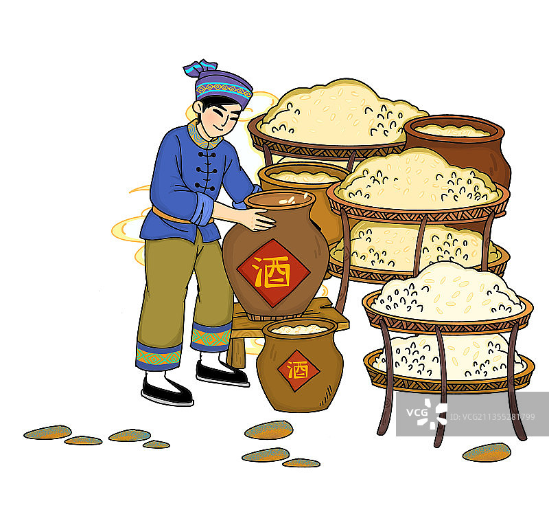 非遗传统三江侗族风雨桥传统酿酒蒸米煮米搬酒缸米酒纯酿甜酒制酒图片素材