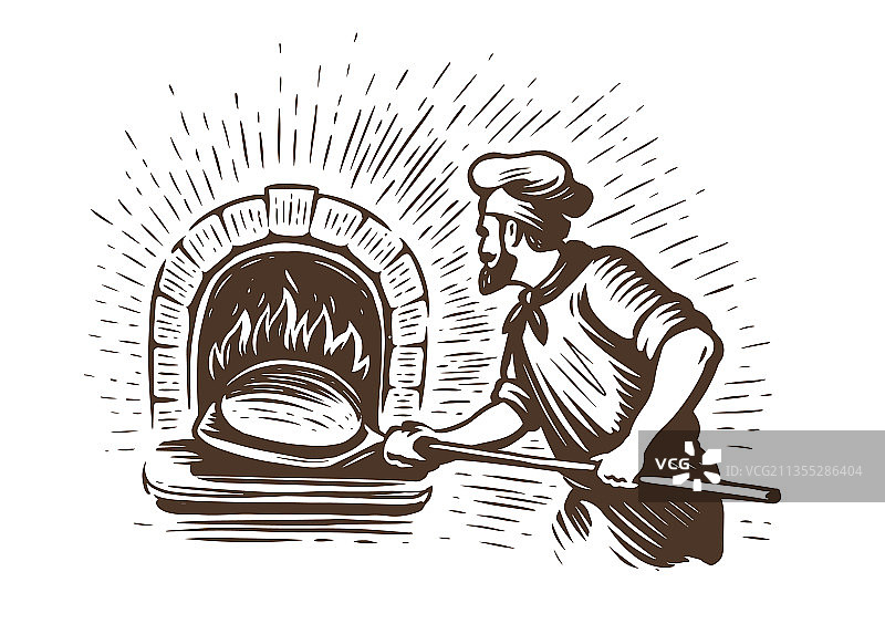 烘焙师在石炉中制作新鲜面包的草图图片素材
