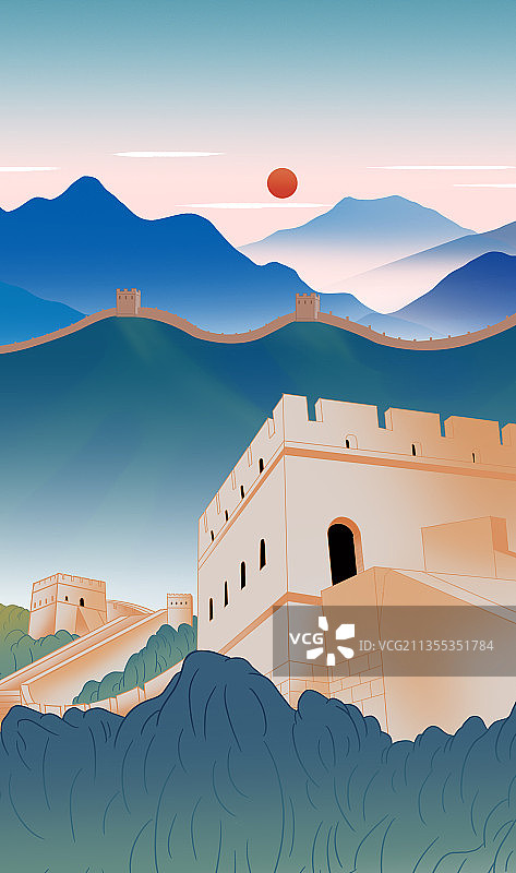 中国风古代历史遗迹北京八达岭万里长城中华民族象征插画图片素材