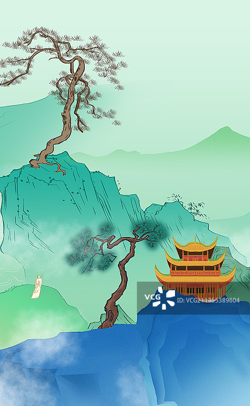 中国风新中式中国画青绿山水画古风意境亭台楼阁风景插画图片素材