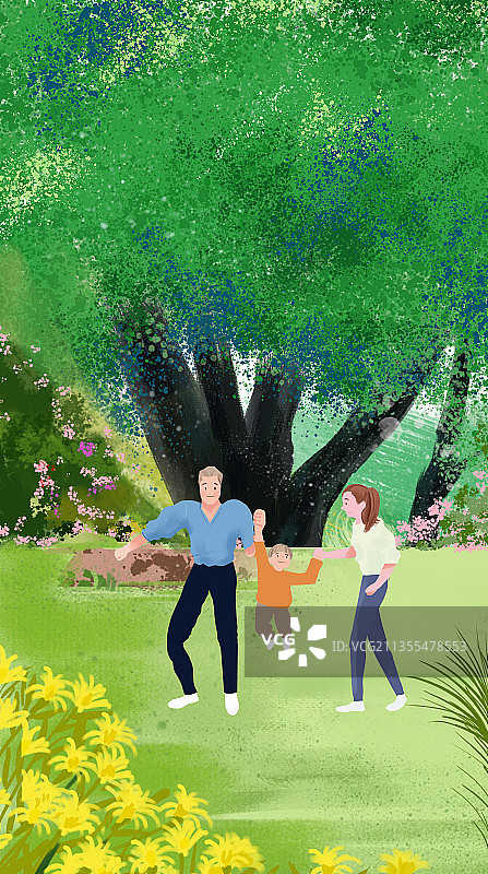 温馨甜蜜一家三口户外度假游玩假日踏青生活方式插画图片素材