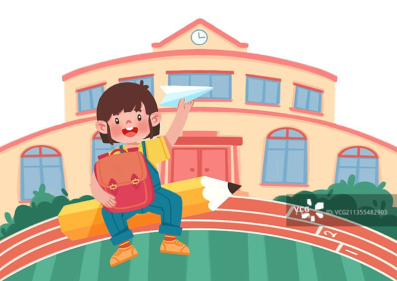 插画,学校,开学季,学生,书包,铅笔,上学,操场,塑胶跑道,图片素材