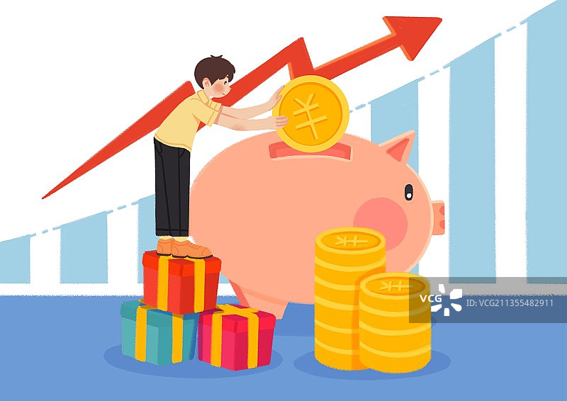 插画,人物,存钱,银行,投币,储存,卡通,猪存钱罐,金币,存图片素材