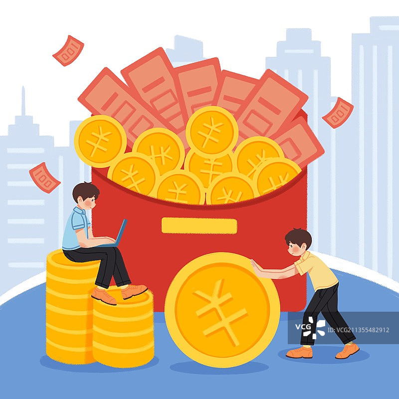 插画,促销,抢红包,小的,人物,推金币,建筑,信封,城市,图片素材