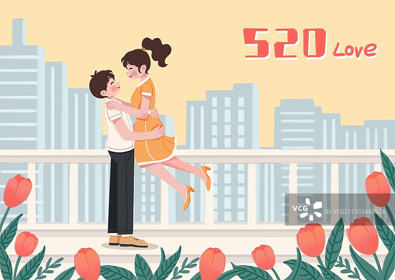 插画,城市,人物,女人,情侣,男女,情人节,520,郁金香,图片素材