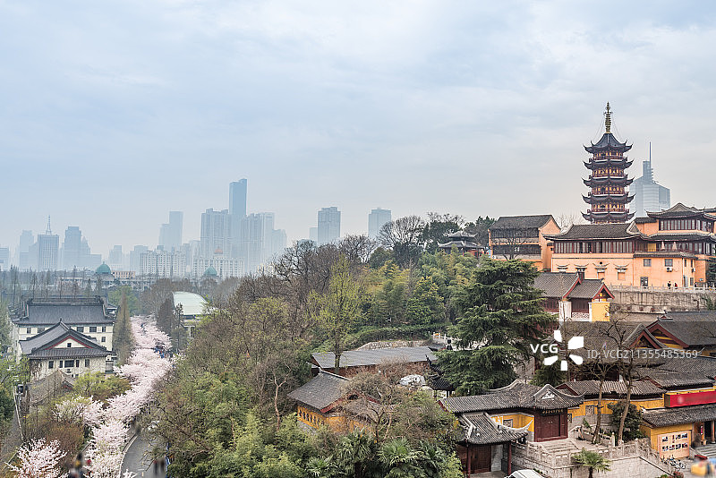樱花盛开下的中国江苏南京的明代长城和鸡鸣寺图片素材