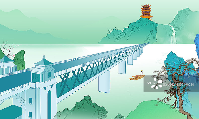 中国风新中式古风湖北武汉黄鹤楼中国画青绿山水画长江大桥插画图片素材