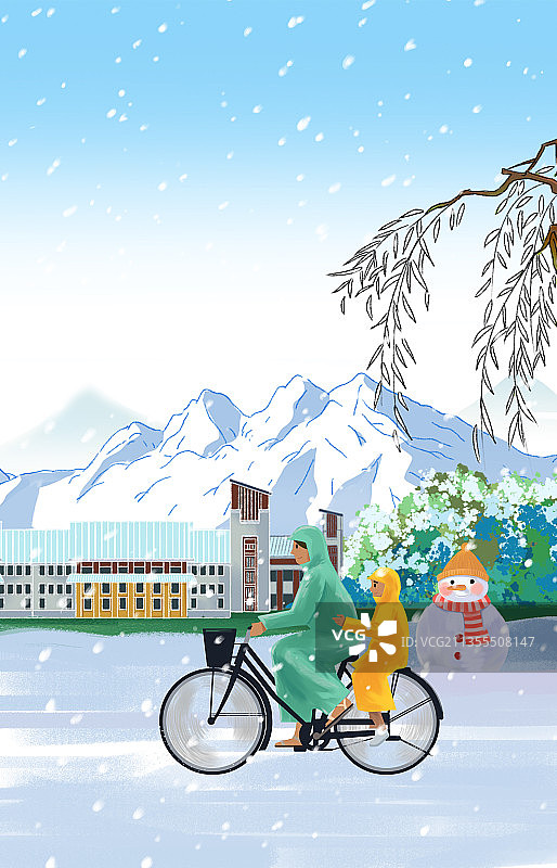 寒冷冬季户外骑车上学生活方式冬天雪景运动节气插画图片素材