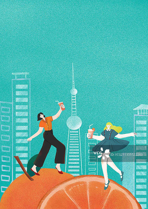 西柚饮料包装插画扁平跳舞人物建筑图片素材