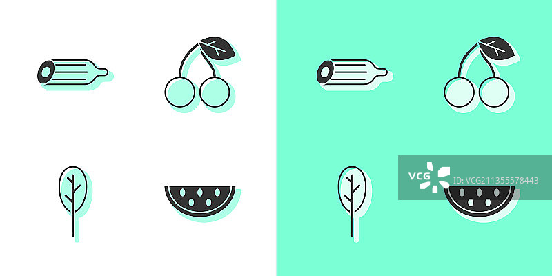 西瓜、新鲜黄瓜、菠菜和樱桃合集图片素材