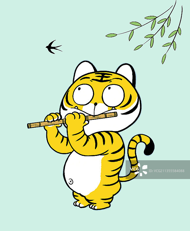 春天吹笛子的老虎卡通插画图片素材