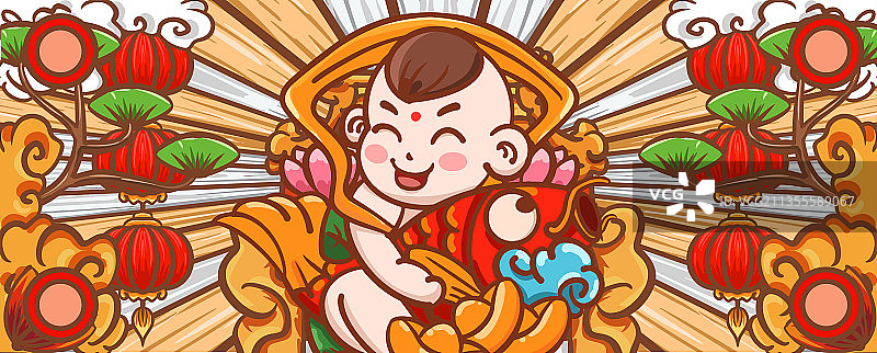 手绘卡通国潮年画娃娃插画设计图片素材
