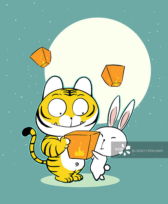 虎年中秋节可爱风儿童插画图片素材