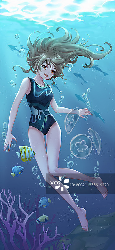 二次元风格花样游泳队员水下插画图片素材