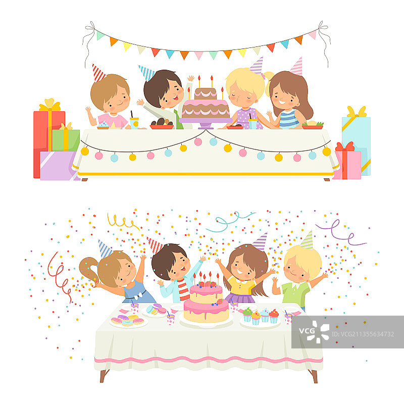 戴着生日帽的可爱男孩和女孩图片素材