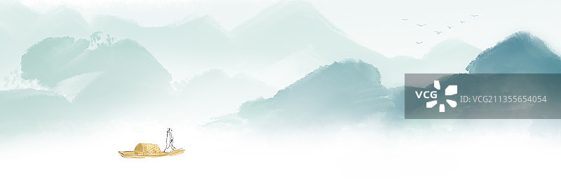 漓江山水晨雾中的渔船图片素材