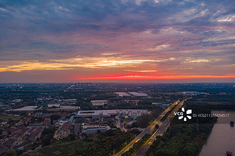 江苏省常州市钟楼区西林街道新京杭大运河夏日晚霞航拍全景图片素材