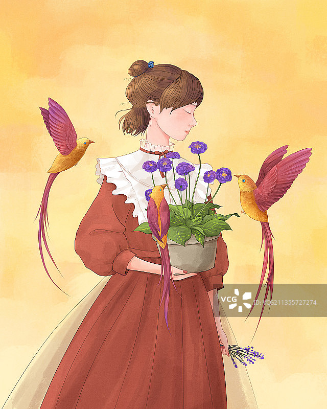 少女鲜花和鸟插画4图片素材