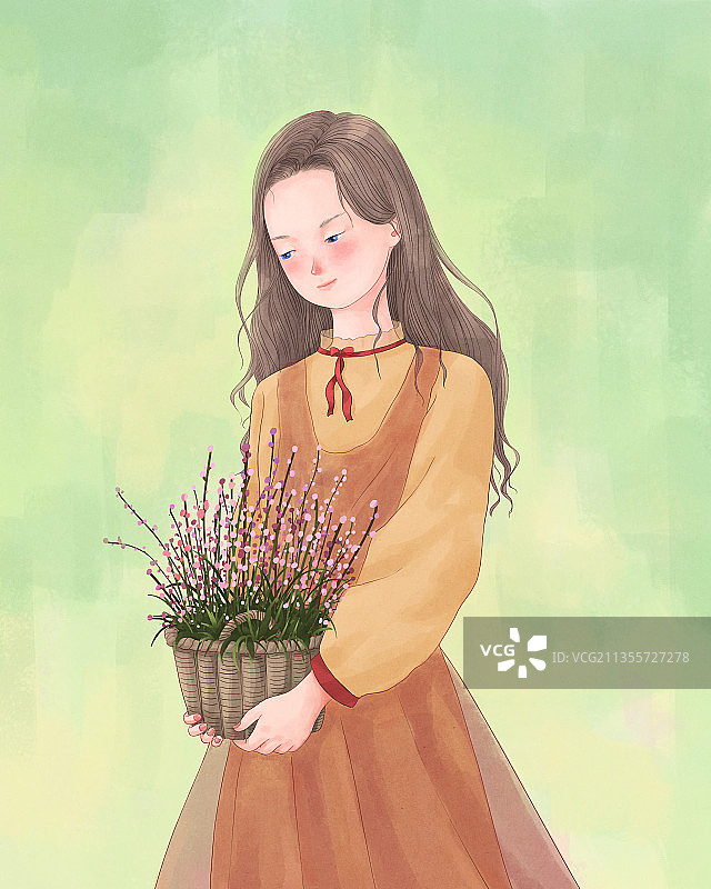 手拿花束的少女插画2图片素材