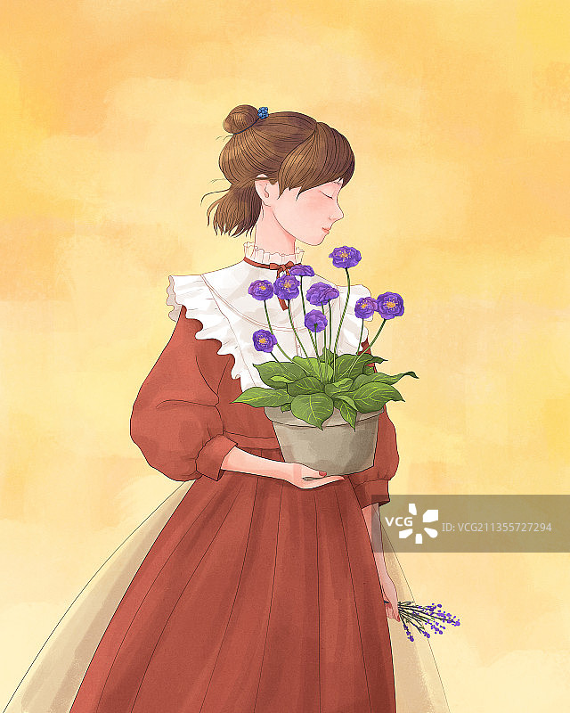 手拿花束的少女插画4图片素材