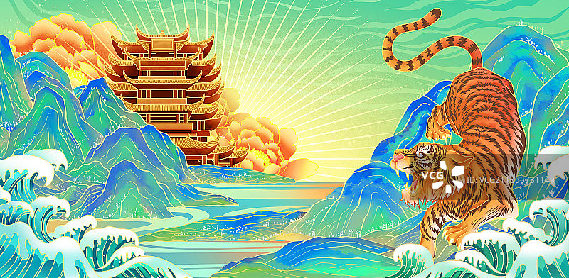 国潮山水虎年插画图片素材