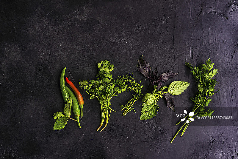 黑色水泥背景上的多种新鲜草药图片素材